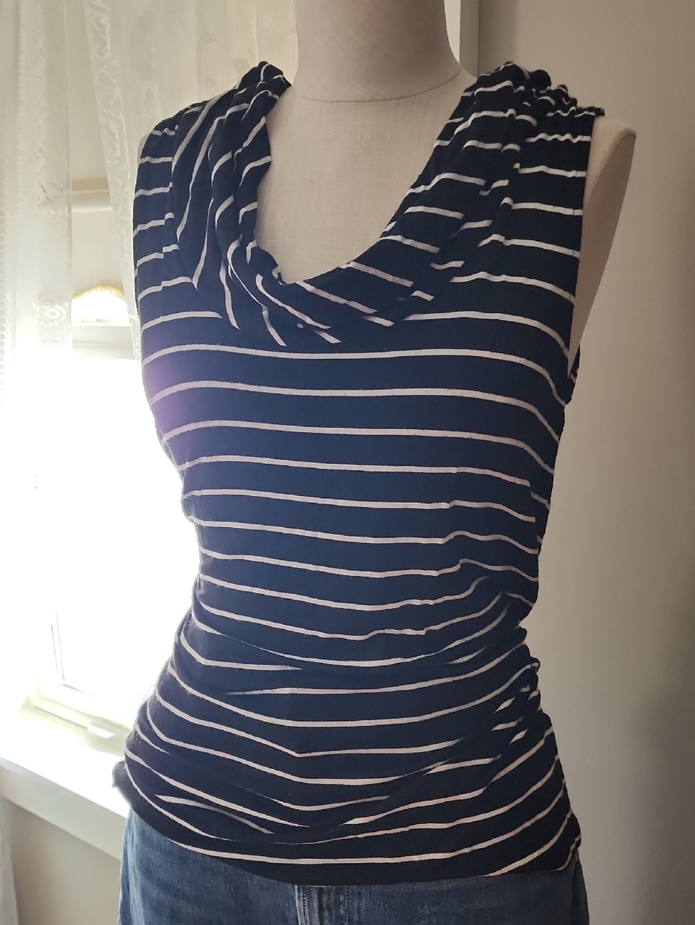 White House Black Market Black & White Striped Cowl Neck Tank Top